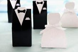 Wedding Favor Boxes Set of 100 - 50 Bride Gown and 50 Groom Tux Designs with Ribbon Bows