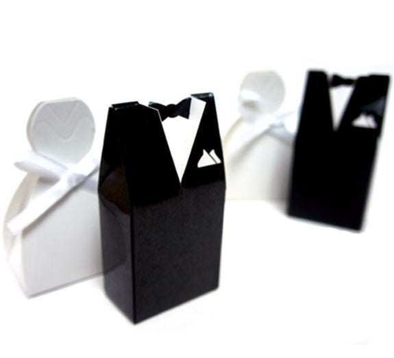 Wedding Favor Boxes Set of 100 - 50 Bride Gown and 50 Groom Tux Designs with Ribbon Bows