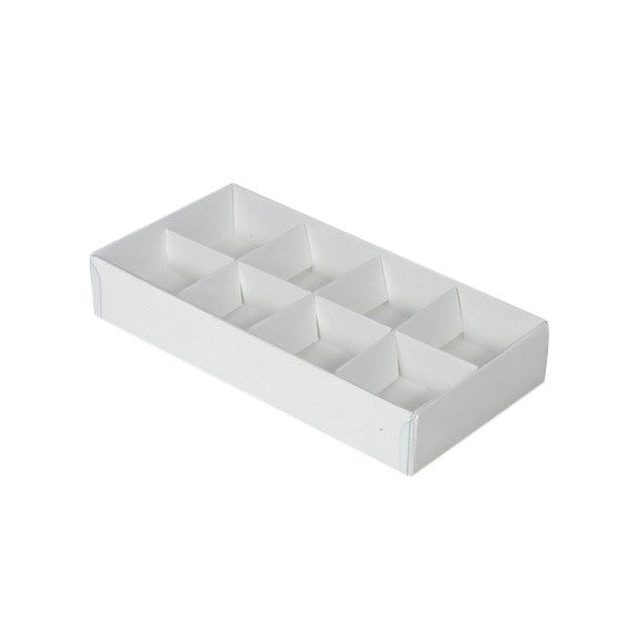 100 Pack White Chocolate Soap Gift Boxes with Clear Lid - 8 Compartment Inserts - 16x8x3cm Flat Pack