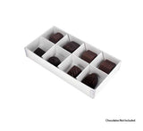 100 Pack White Chocolate Soap Gift Boxes with Clear Lid - 8 Compartment Inserts - 16x8x3cm Flat Pack - Side View