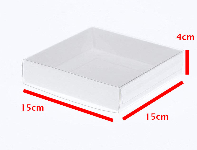 100 Pack of 15cm Square Invitation Coaster Gift Boxes with Clear PVC Lid - 4cm Deep White Card for Cookies and Patisserie Favors