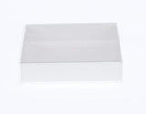 100 Pack of 15cm Square Invitation Coaster Gift Boxes with Clear PVC Lid - 4cm Deep White Card for Cookies and Patisserie Favors - 45-Degree Angle