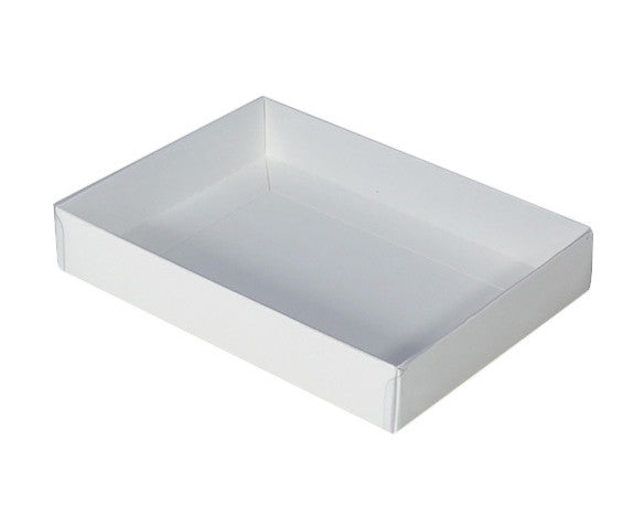 100 Pack of White Card Square Box - Clear Slide On Lid - 20 x 20 x 8cm -  Large Beauty Product Gift Giving Hamper Tray Merch Fashion Cake Sweets Xmas