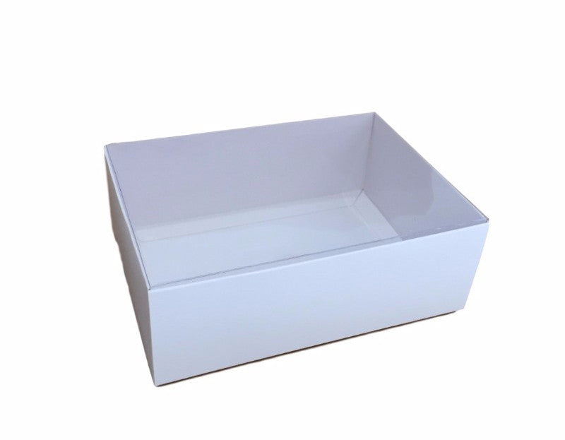 100 Pack of Elegant White Gift Boxes with Clear Slide-On Lids - 25 x 25 x 6cm - Perfect for Beauty Products, Hampers, Cakes, Sweets, and Holiday Gifts