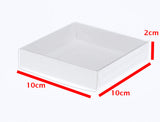 10 Pack of 10cm Square Invitation Coaster Favor Function product Presentation Cookie Biscuit Patisserie Gift Box - 2cm deep - White Card with Clear Slide On PVC Lid - Front View