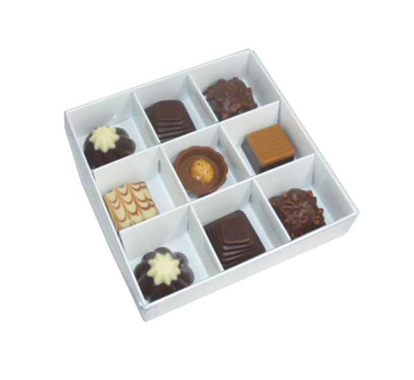 50 Pack of Clear Lid White Gift Boxes with 9 Compartment Inserts for Chocolates and Treats - 12x12x3cm Size