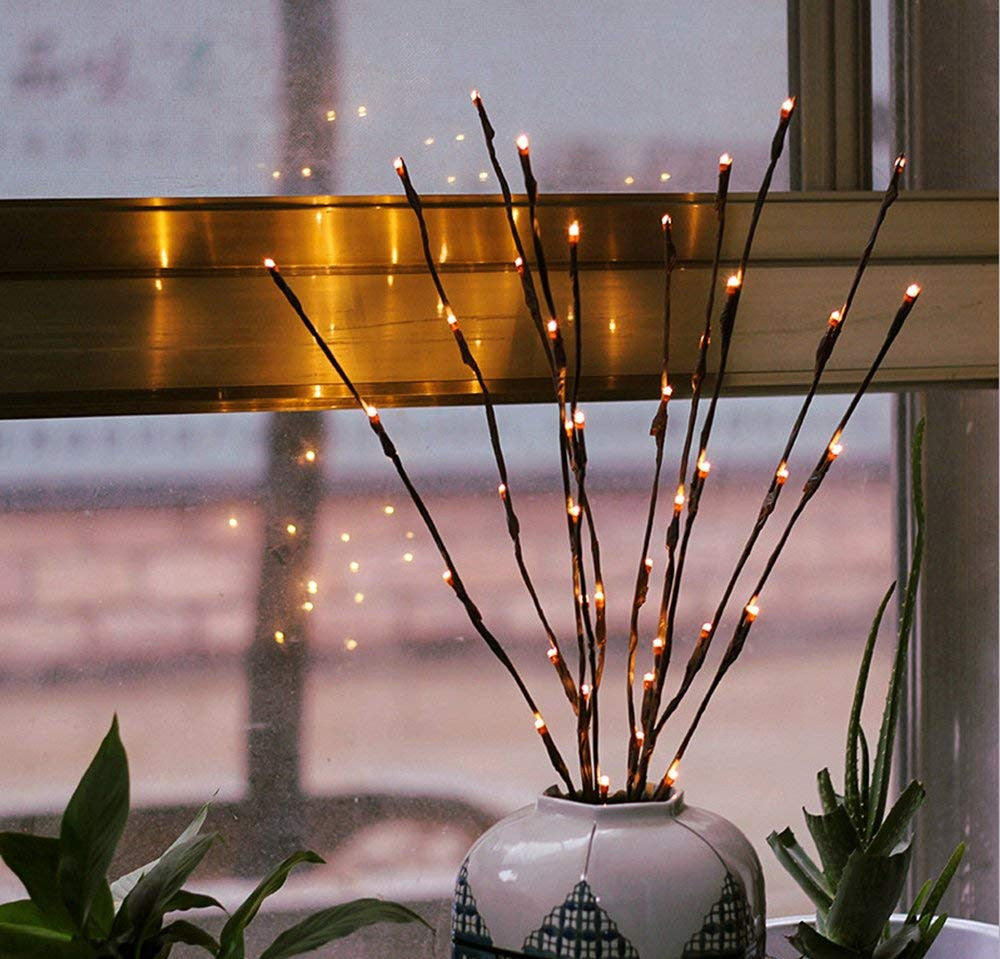 Warm White LED Fairy Light Branch Set - 5 Pack with 20 Bulbs Each - 50cm Tall Battery-Powered Décor