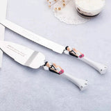 Bride Groom Cake Server Set Wedding Cake Knife and Silver Blade Server Set Boxed - Bride Groom Handles - Side View