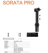 Satori Sorata Pro 150mm Travel Adjustable Dropper Seat Post with Internal Cable Routing - 31.6mm Diameter