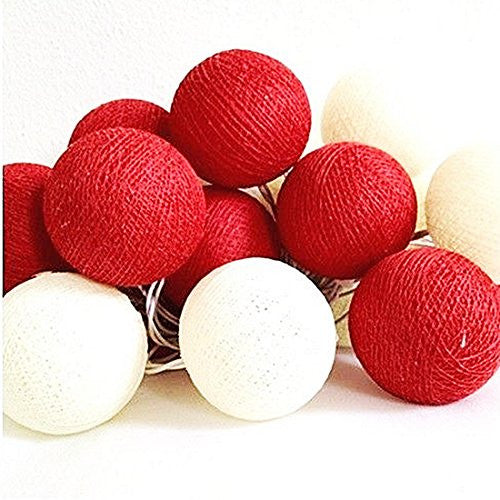 20-Count Red and White LED Cotton Ball Fairy Lights - 5cm Diameter Battery-Powered String Lights for Home, Wedding, Party, and Bedroom Decoration