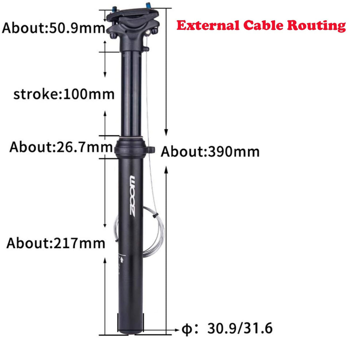 Adjustable ZOOM SPD-801 Dropper Seatpost with 100mm Travel and Thumb Remote Lever - External Cable 30.9mm Diameter