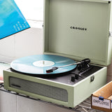 Crosley Voyager Bluetooth Portable Turntable - Sage + Bundled Majority D40 Bluetooth Speakers - Black - Close-Up Angle