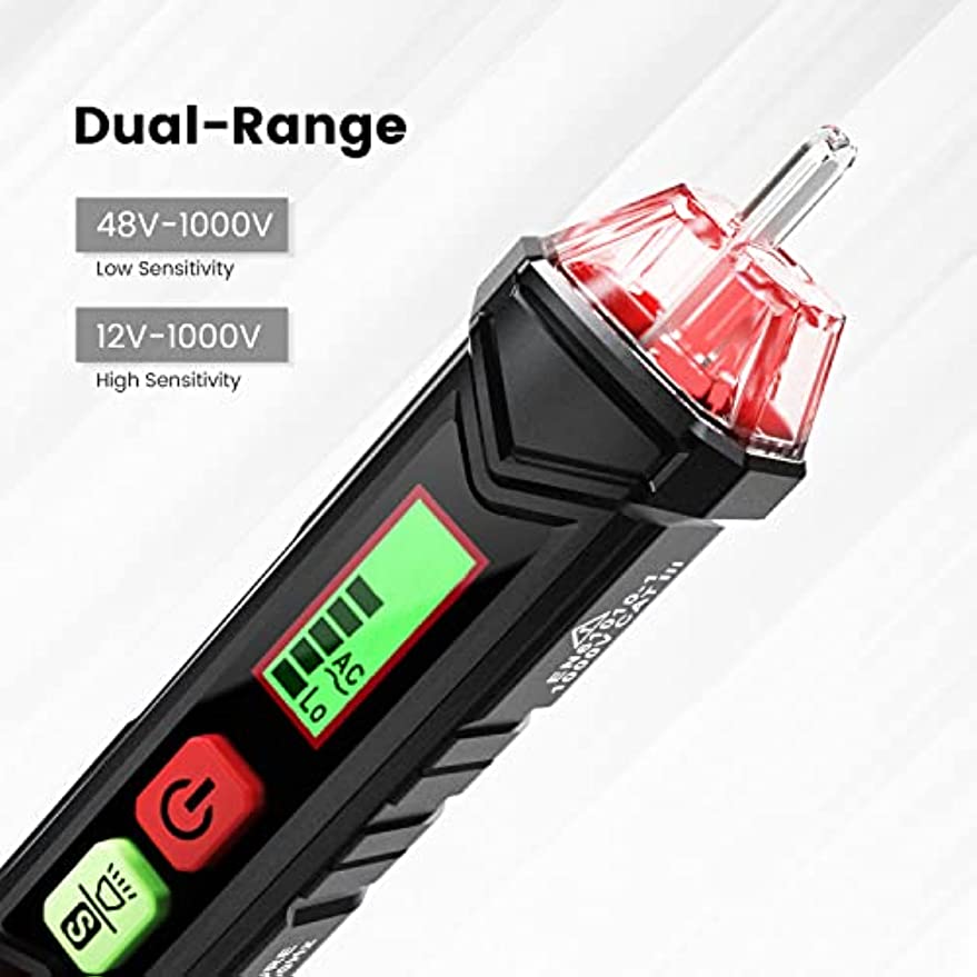 KAIWEETS HT100 Non Contact Voltage Tester AC Electricity Detect Pen 12V-1000V/48V-1000V Dual Range with LCD Display LED Flashlight Buzzer Alarm Wire Breakpoint Finder