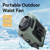 10000mAh Portable Outdoor Waist Fan Hanging Neck Strong Wind with Power Bank LED Lighting for Emergency Sports Outdoor Working (Green)