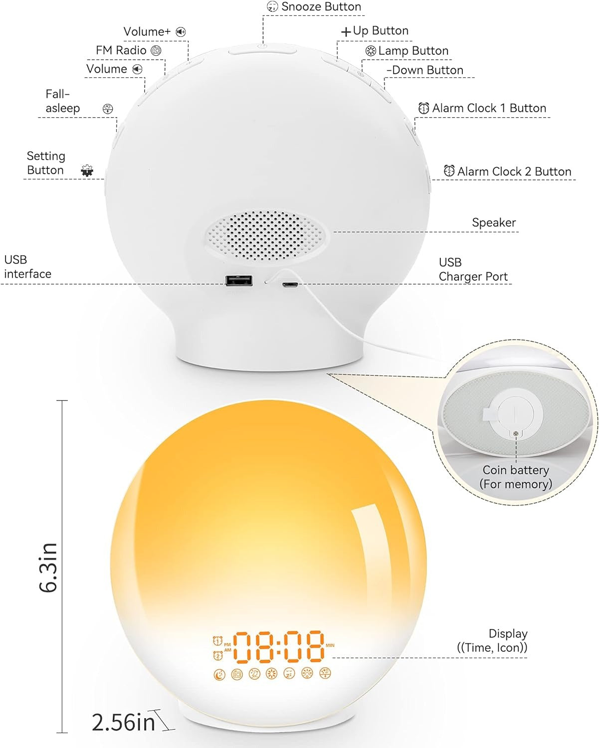 Sunrise Simulation Alarm Clock with Dual Alarms, Snooze, FM Radio & Sleep Aid Features