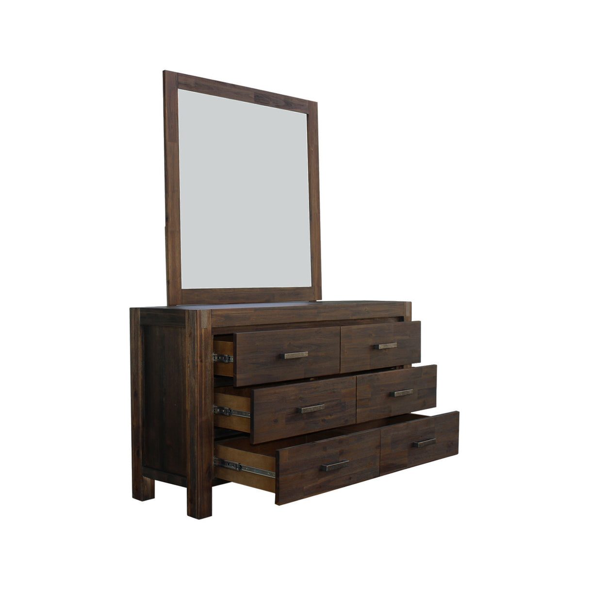 Dresser with 6 Storage Drawers in Solid Acacia & Veneer With Mirror in Chocolate Colour