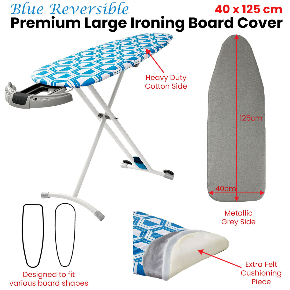 Reversible Geometric Design Ironing Board Cover with Underlay - Blue, 40 x 125 cm