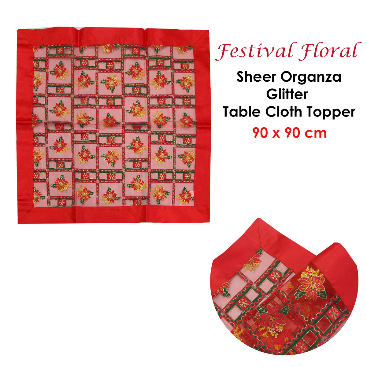 Festive Christmas Red Floral Glitter Organza Tablecloth Topper - 90 x 90 cm