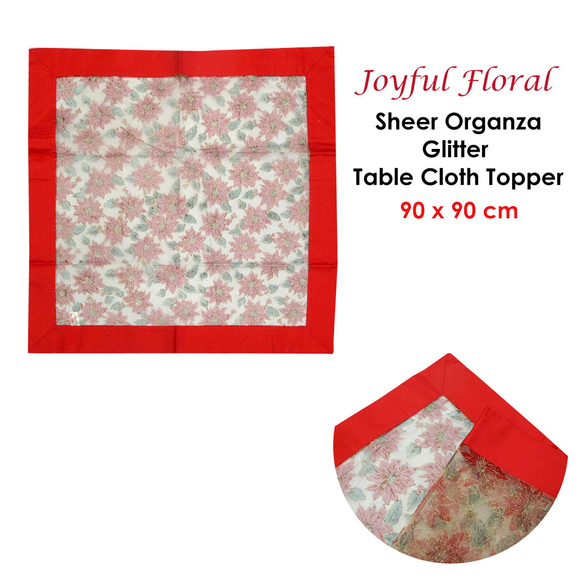 Festive Red Floral Organza Glitter Table Cloth Topper - 90 x 90 cm