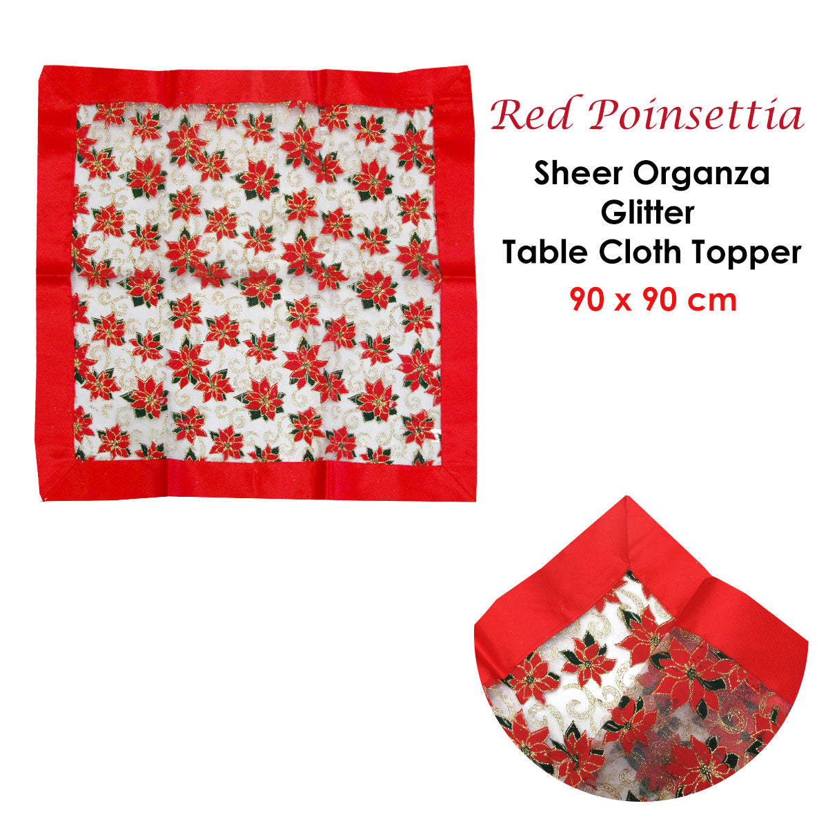 Festive Red Poinsettia Glitter Organza Table Topper 90 x 90 cm