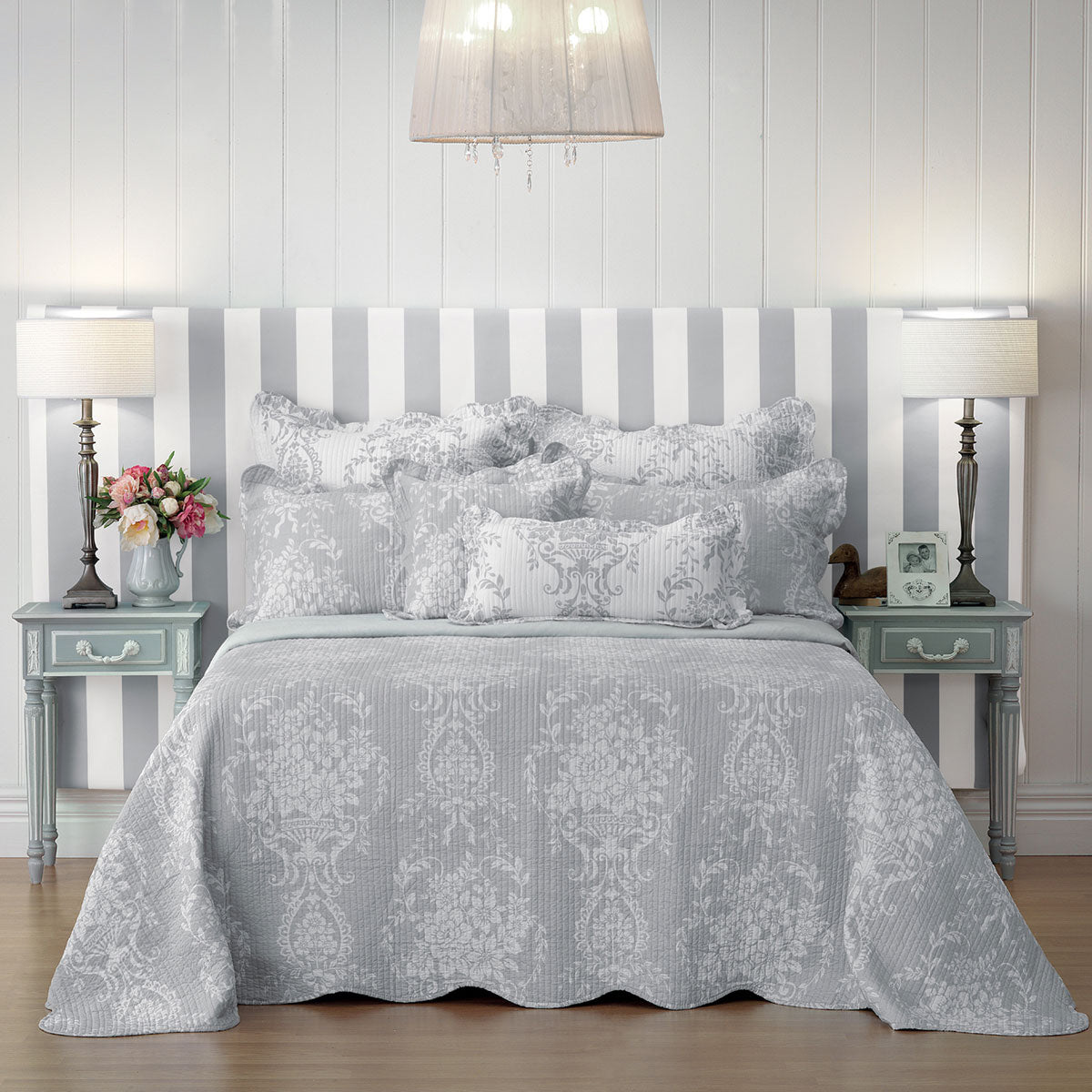 Bianca French Provincial Grey Damask Bedspread Set for Queen Size