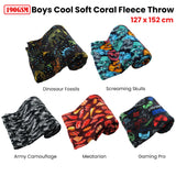 190GSM Boys Cool Ultra Soft Coral Fleece Throw 127 x 152cm Dinosaur Fossils