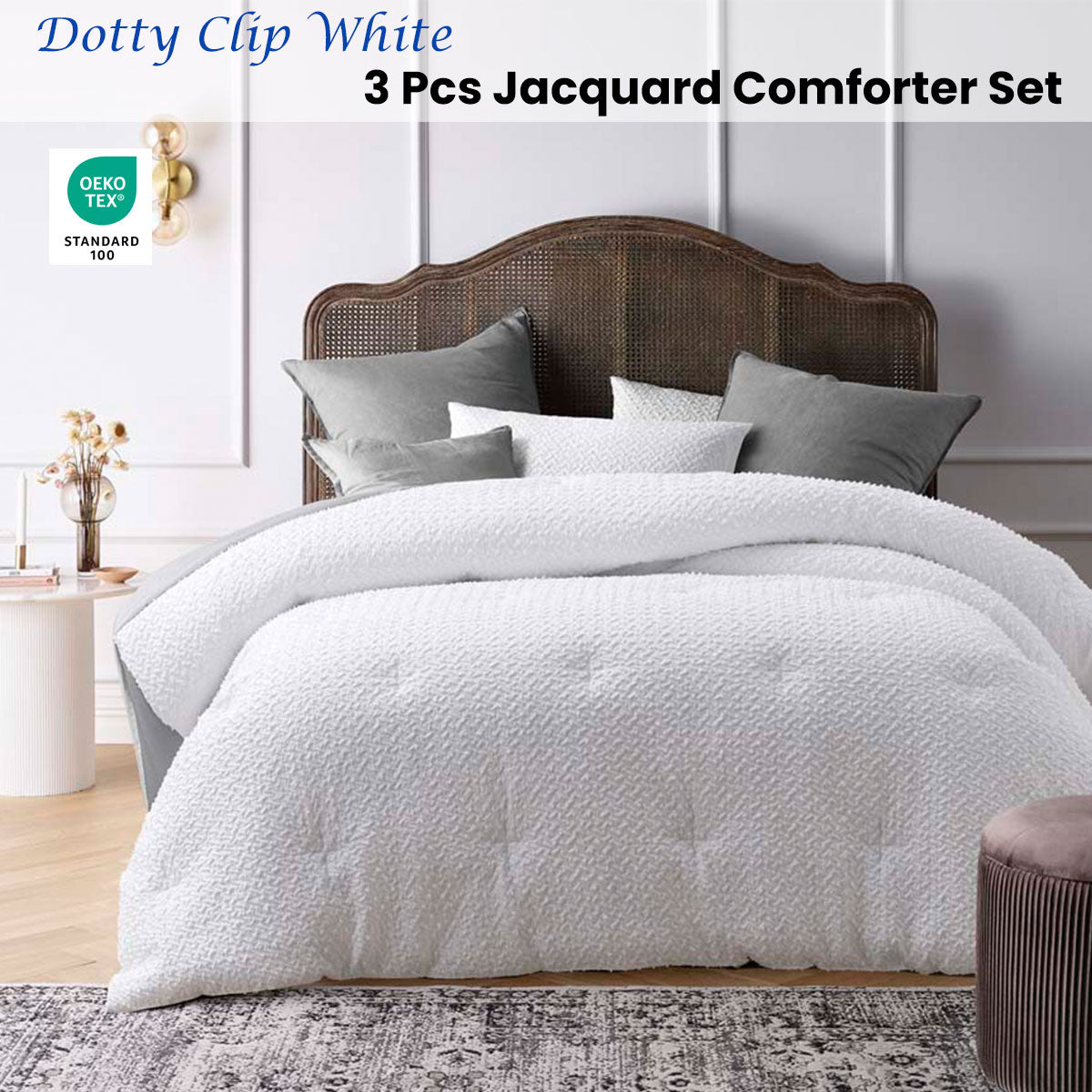 Accessorize White Dotty Clip Jacquard Comforter Set - 3 Piece Queen Size