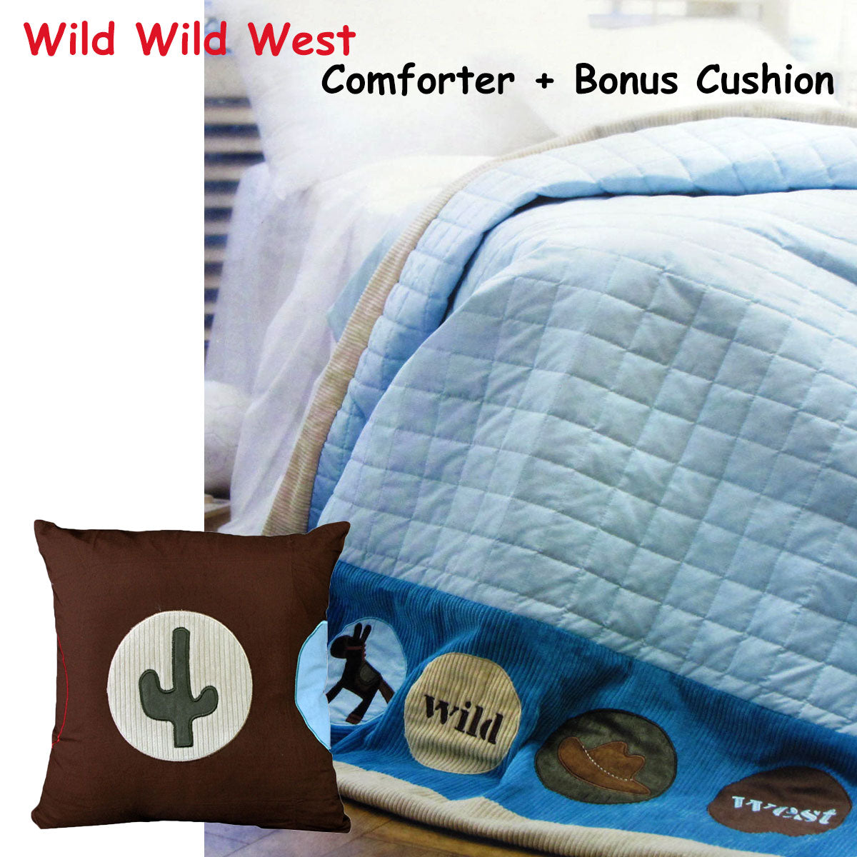 Wild West Adventure Blue Embroidered Comforter Set with Bonus Cushion for Kids