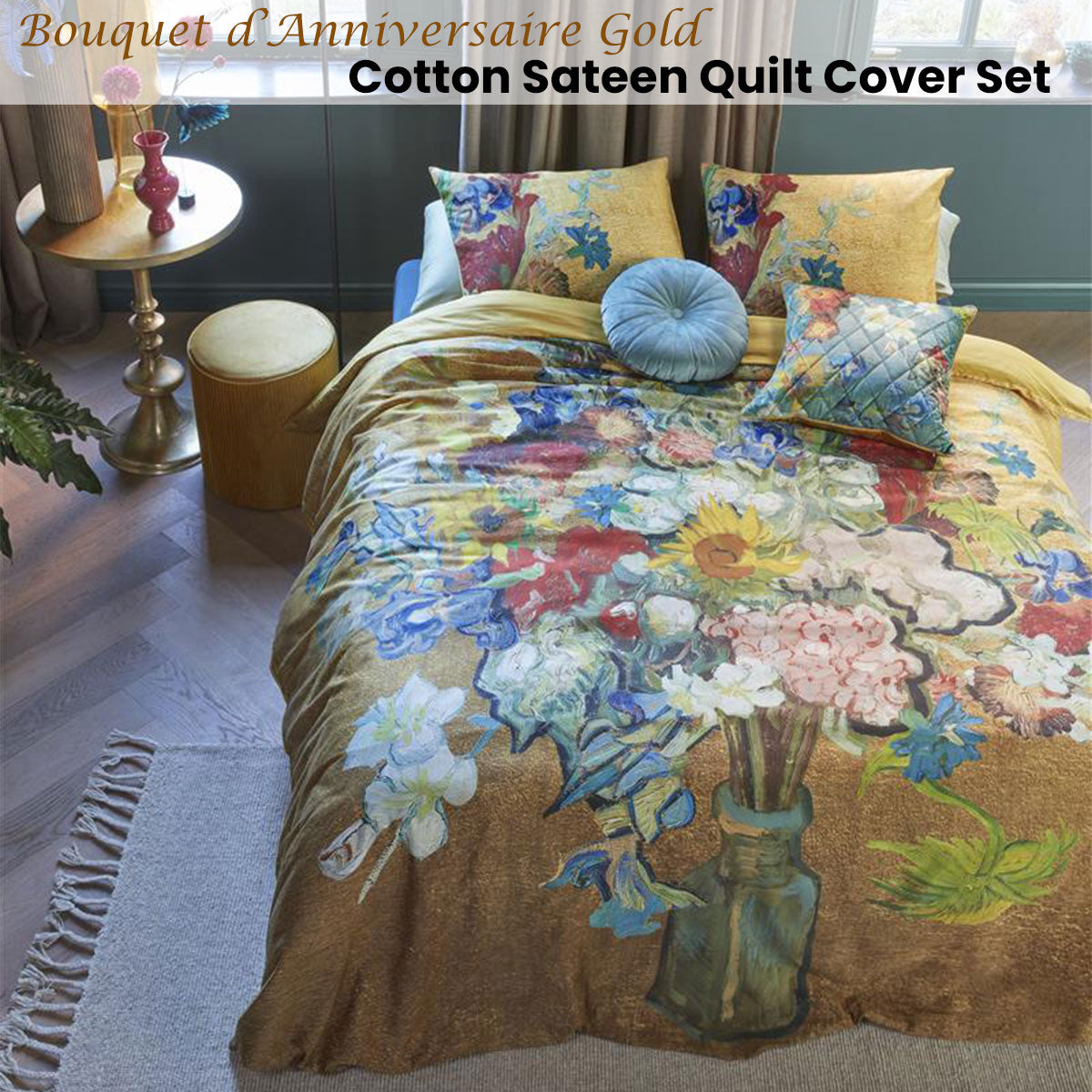 Bedding House Van Gogh 50th Anniversary Floral Cotton Sateen Quilt Cover Set - Queen Size