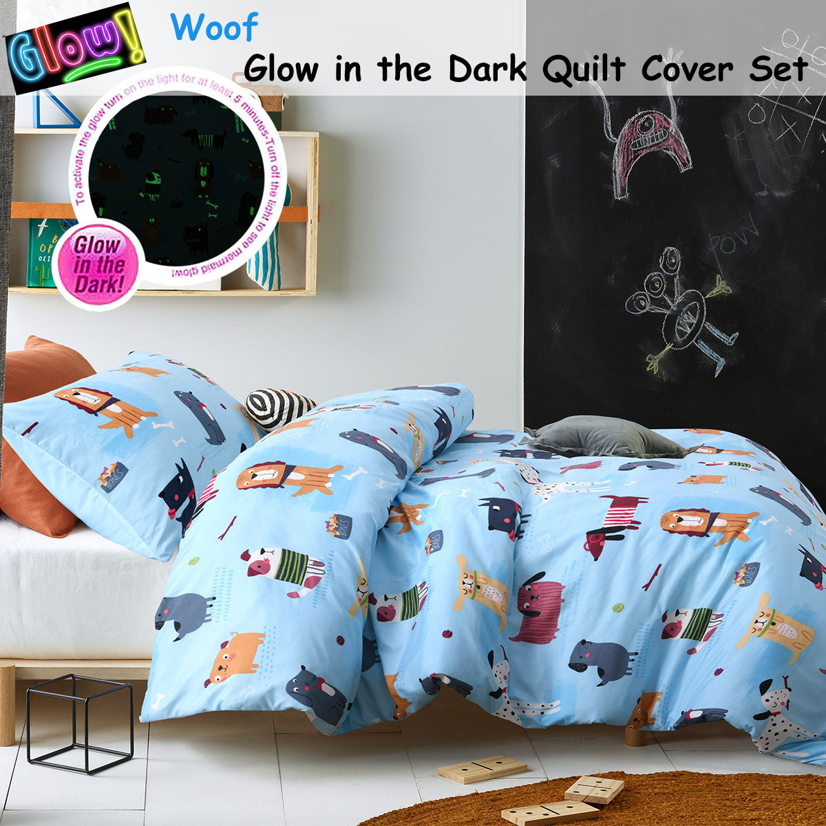 Happy Kids Woof Glow in the Dark Quilt Cover Set Double