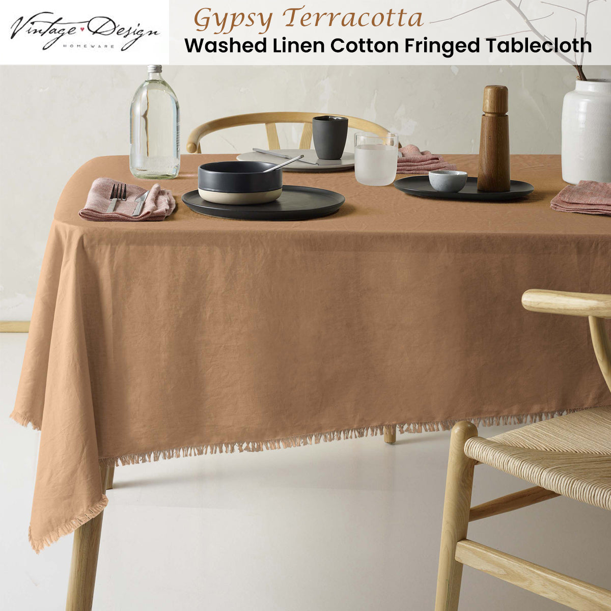 Rustic Chic Gypsy Terracotta Fringed Linen Cotton Tablecloth 130cm x 180cm