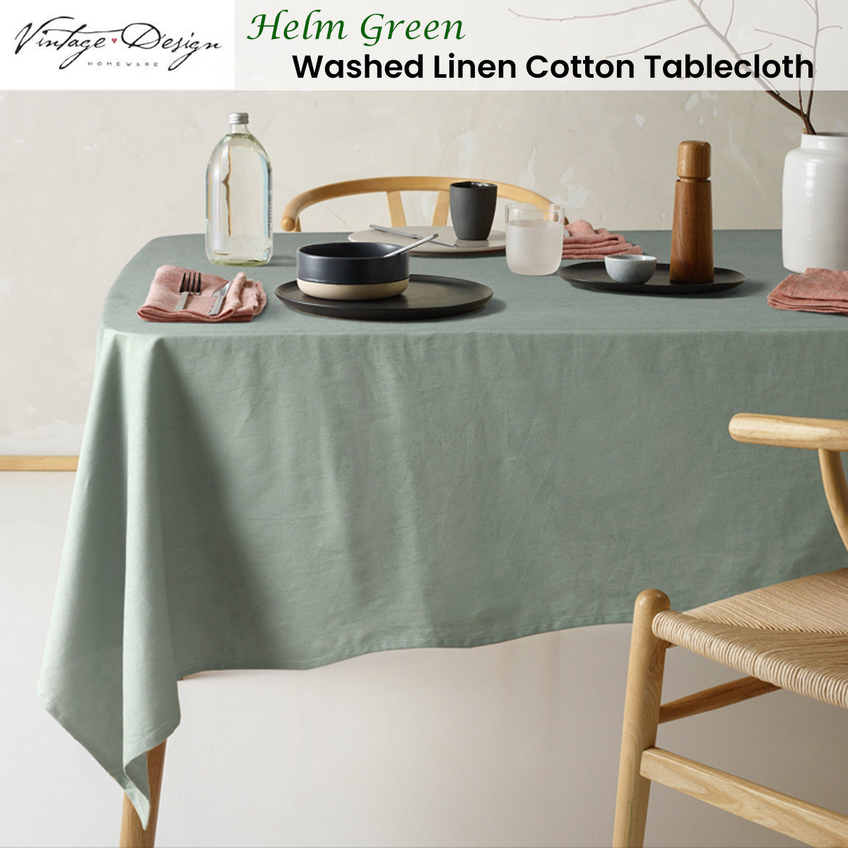 Helm Green Washed Linen Cotton Round Tablecloth - Vintage Design, 180cm Diameter