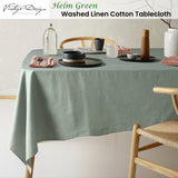 Helm Green Washed Linen Cotton Round Tablecloth - Vintage Design, 180cm Diameter - Front View