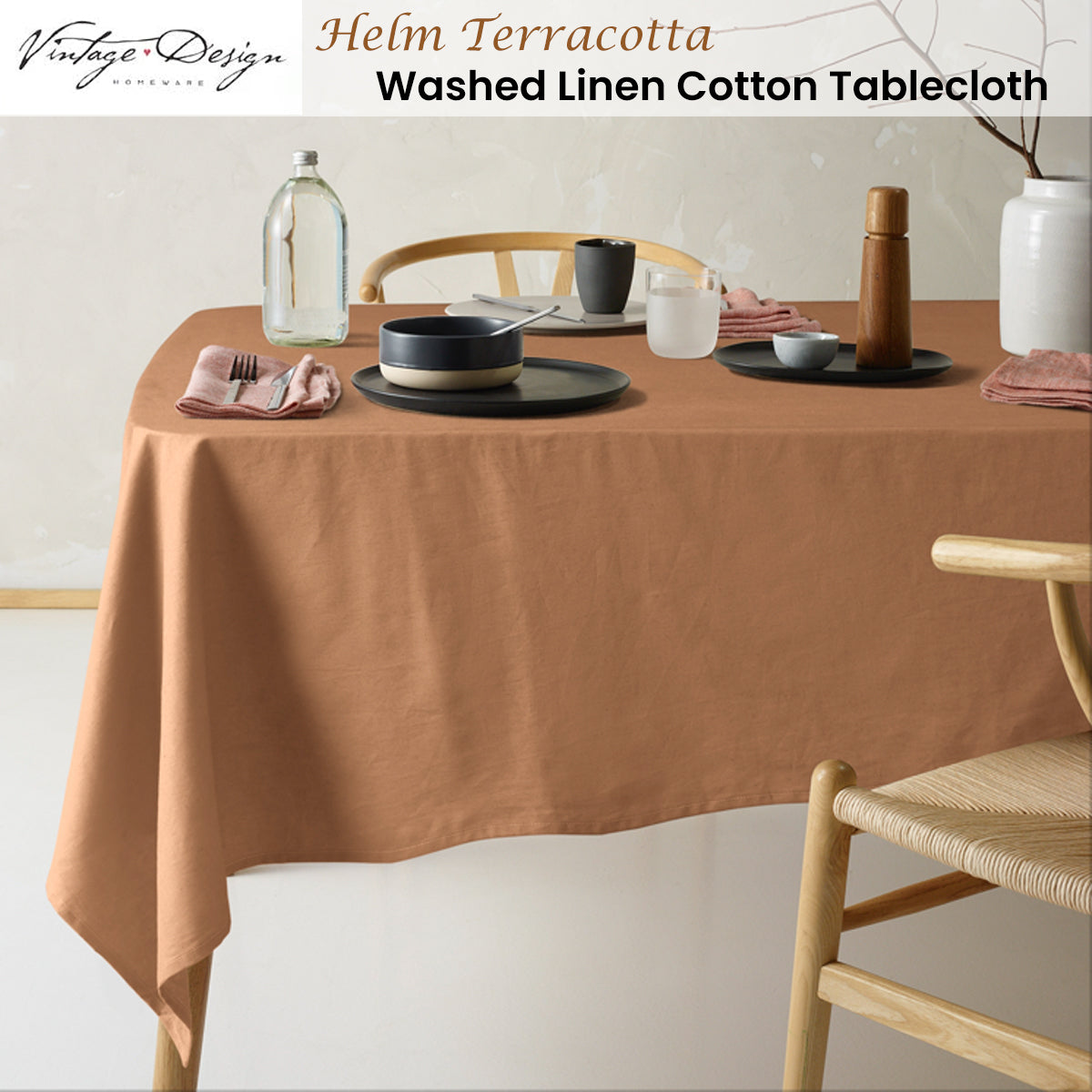 Terracotta Washed Linen Cotton Tablecloth - Vintage Helm Design 150cm x 230cm