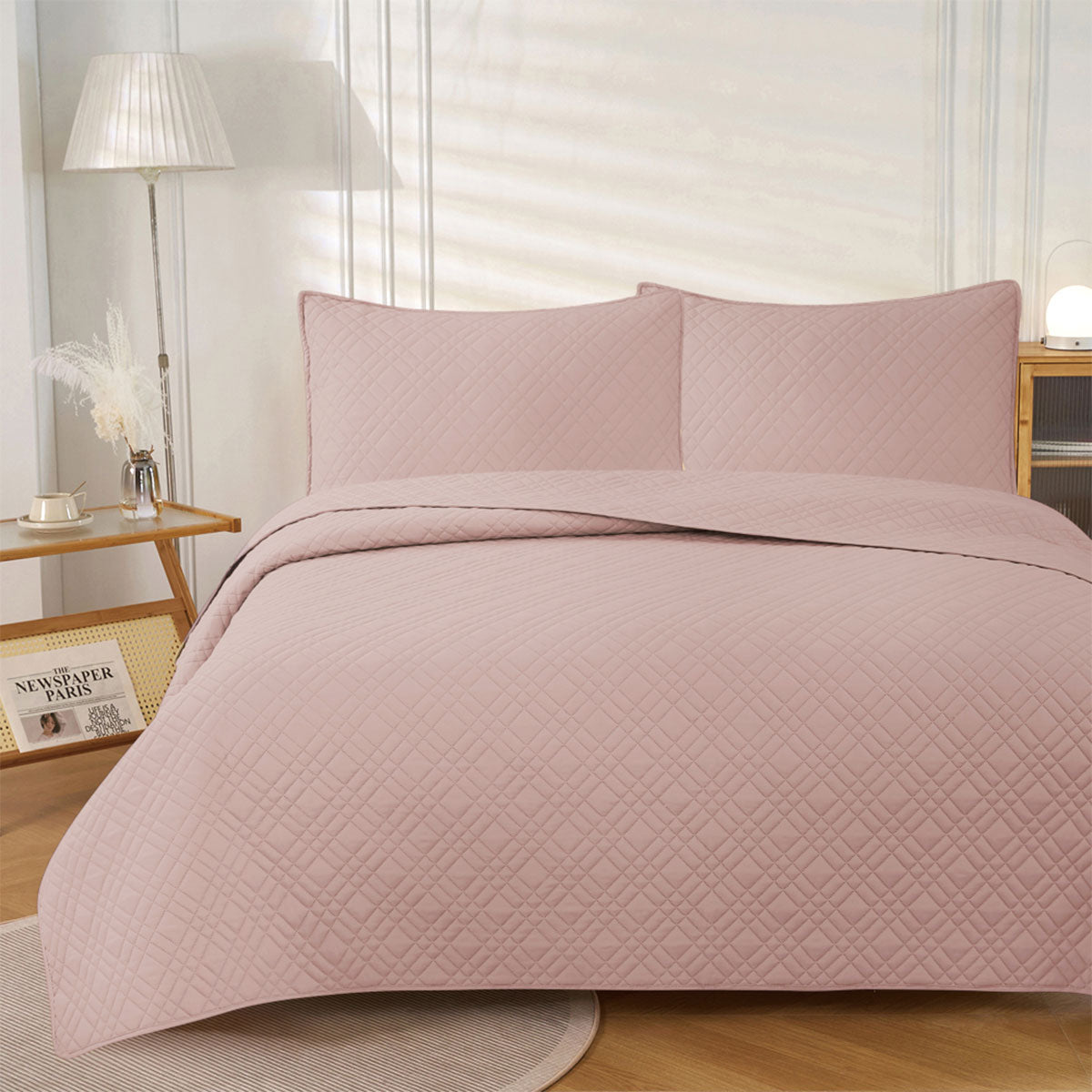 Jane Barrington Morris Blush Ultrasonic Embossed Lightly Quilted Reversible Coverlet Set Queen