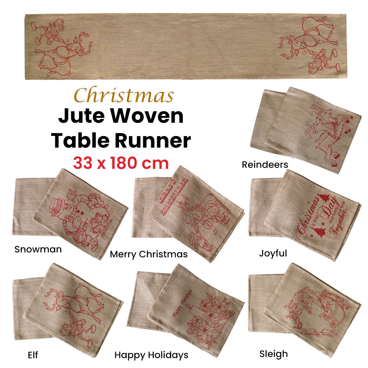 Taupe Christmas Jute Table Runner with Woven Elf Design - 33 x 180cm