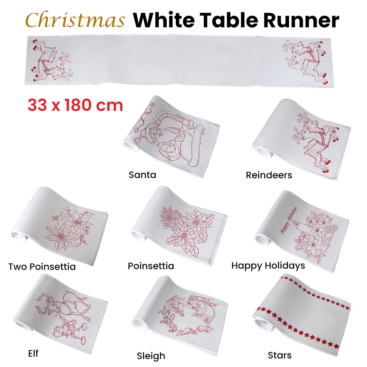 Festive Holiday Table Runner in White with Christmas Print - 33 x 180cm