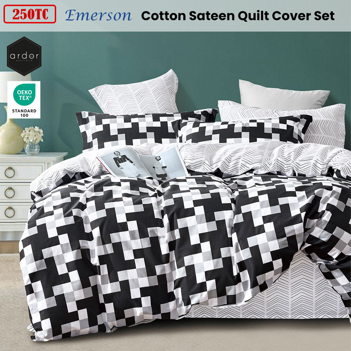 Emerson Geometric Cotton Sateen Quilt Cover Set in Bold Black and Grey - Queen Size by Ardor