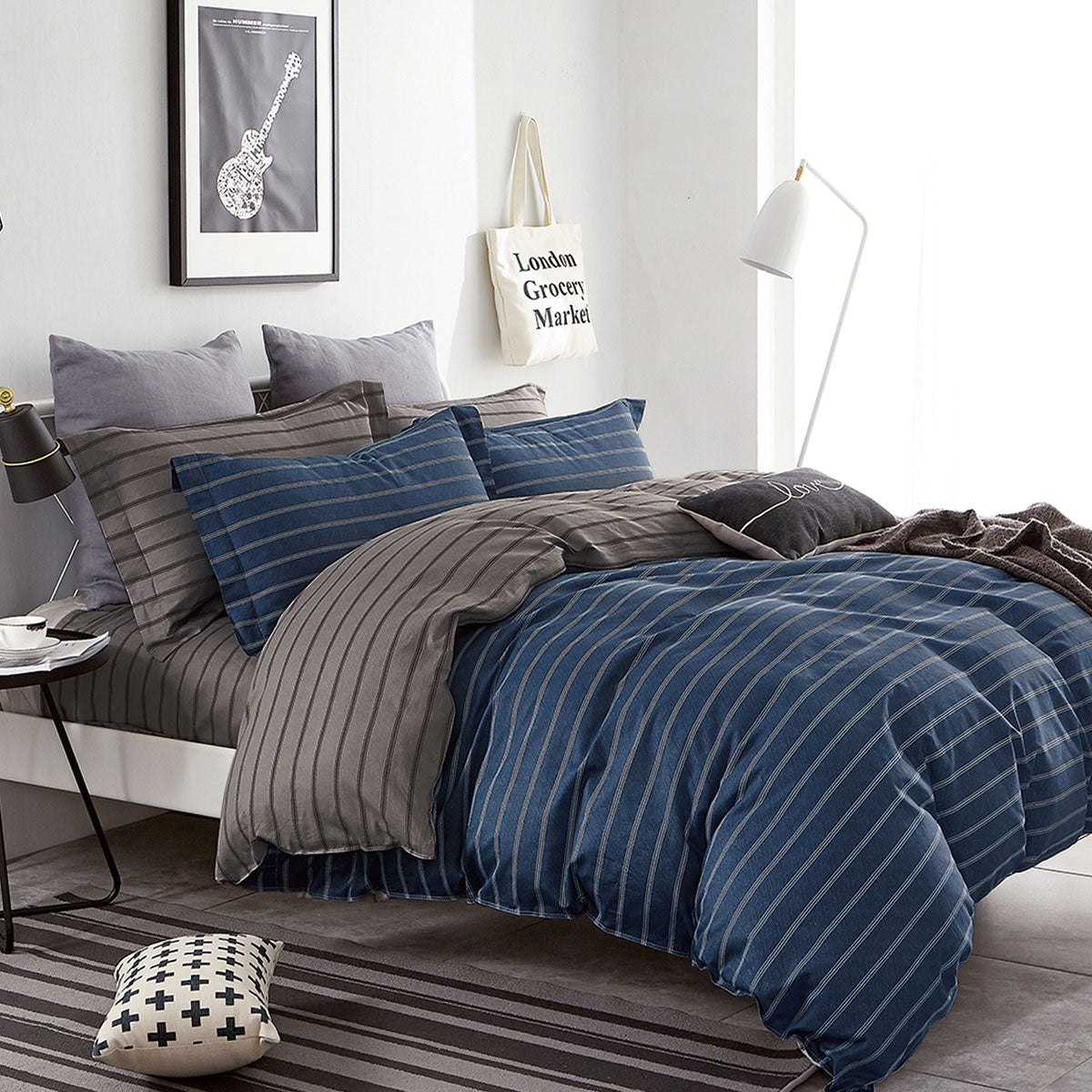 Ardor 250TC Navy & Charcoal Striped Cotton Sateen Quilt Cover Set - King Size