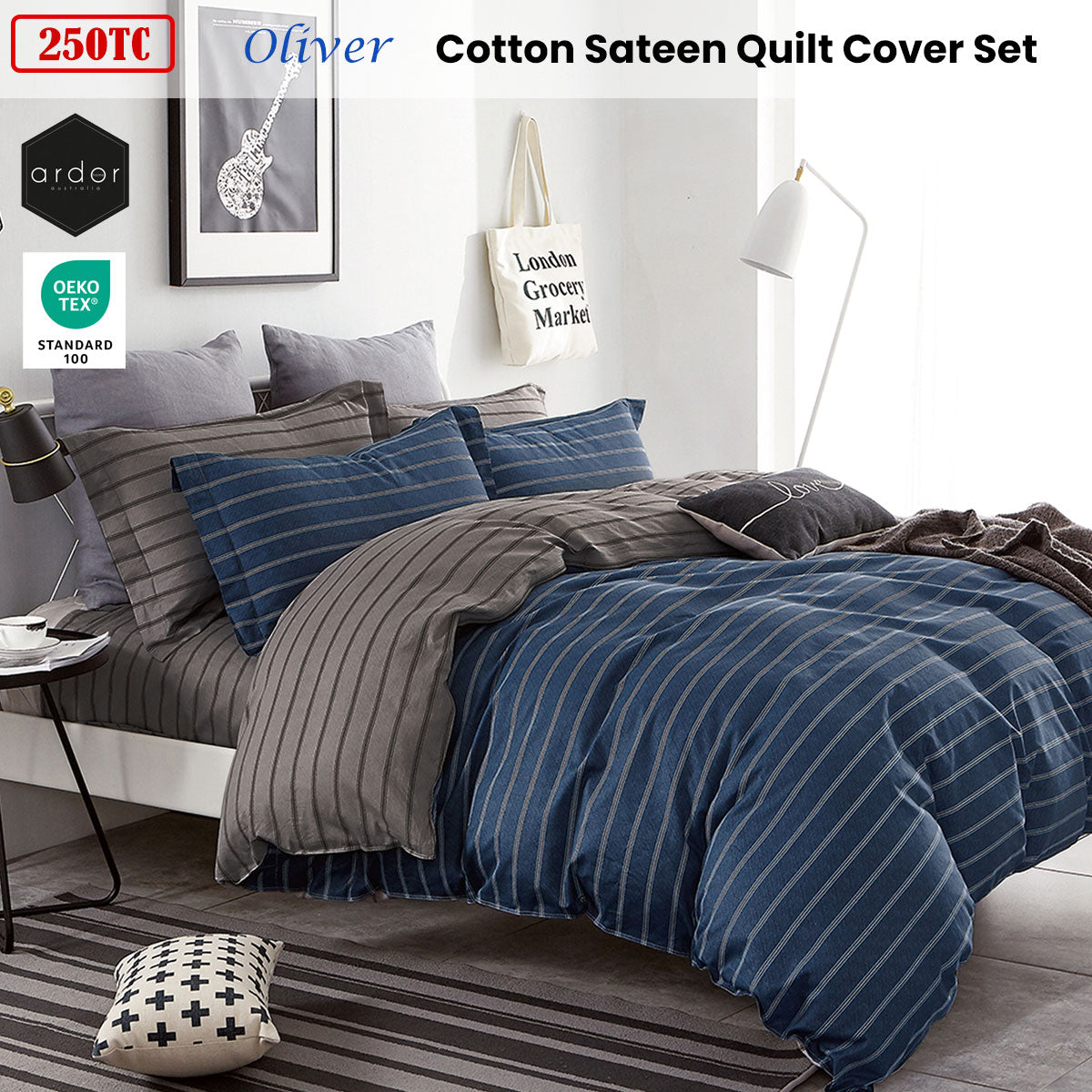 Ardor 250TC Navy & Charcoal Striped Cotton Sateen Quilt Cover Set - Queen Size