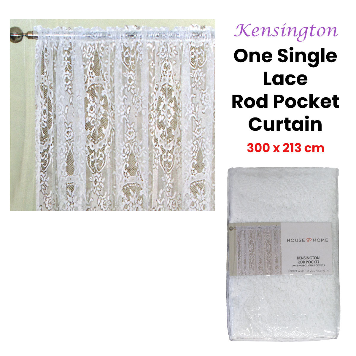 Kensington Elegance White Lace Rod Pocket Curtain 300 x 213 cm