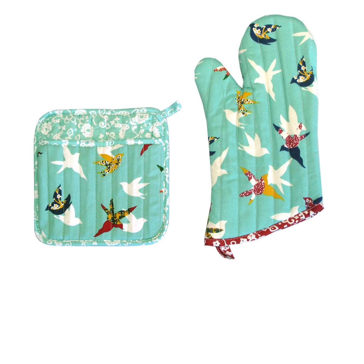 Charming Aqua Birds Cotton Oven Mitt and Pot Holder Set