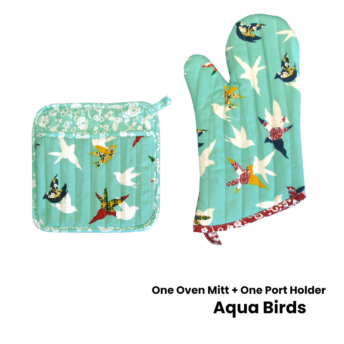 Charming Aqua Birds Cotton Oven Mitt and Pot Holder Set