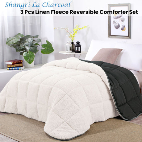 Charcoal & Cream Reversible Sherpa Fleece Comforter Set - 3 Piece Double Bedding Ensemble