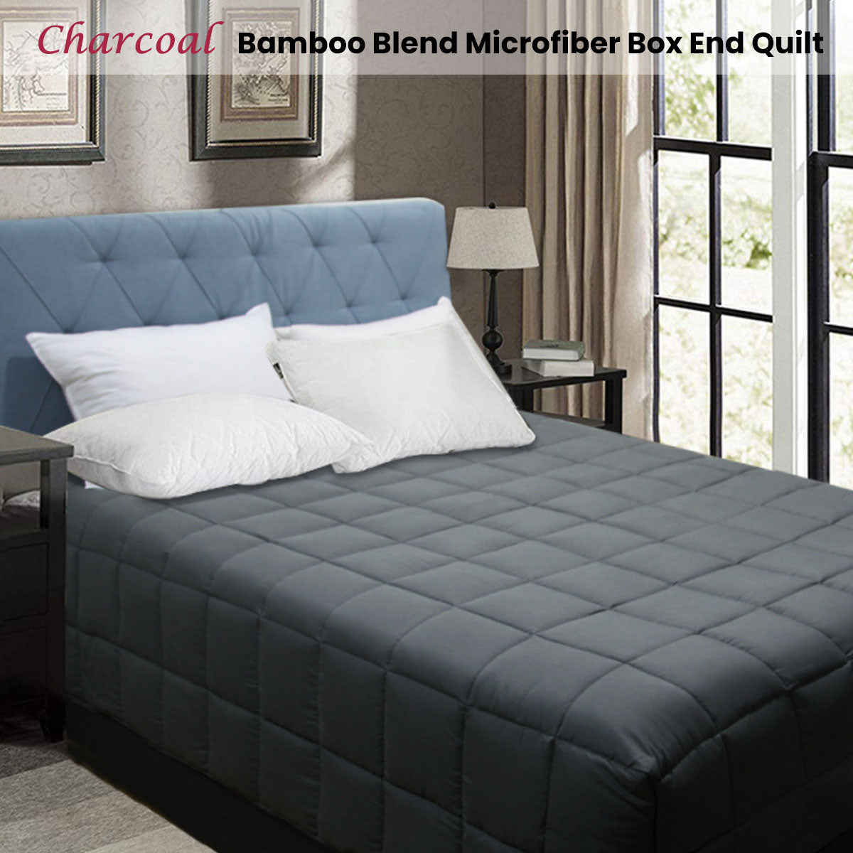 Charcoal King Bamboo Blend Microfiber Box Stitch Quilt by Shangri La