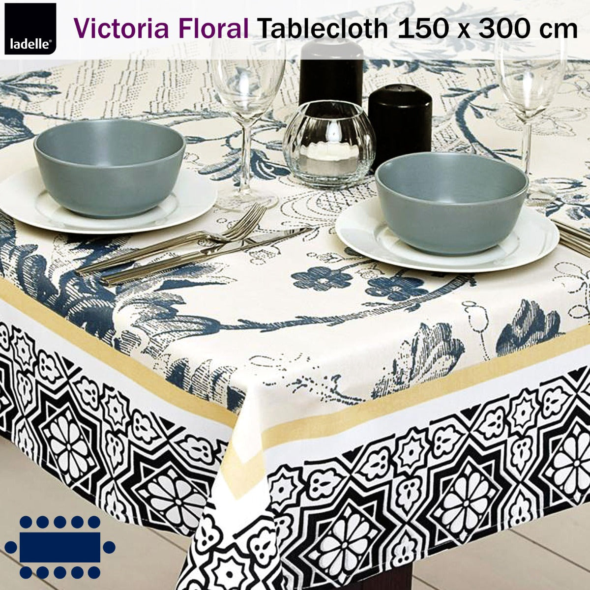 Ladelle Victoria Floral Oblong Tablecloth for 10 to 12 Seats - 150 x 300 cm