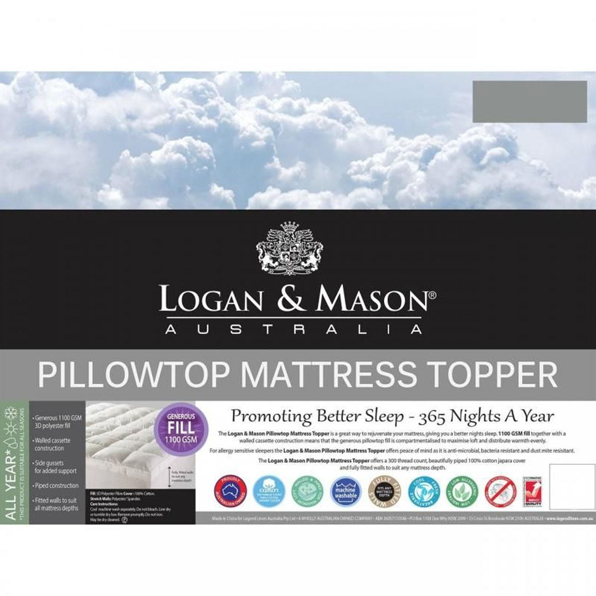 Luxury 1100GSM Pillowtop King Mattress Protector with 50cm Deep Walls by Logan and Mason