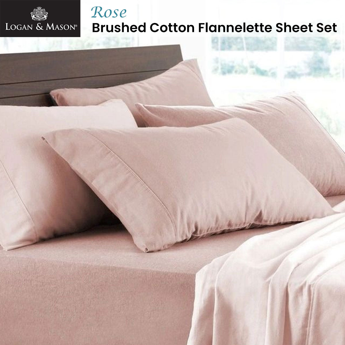 Logan and Mason Luxurious Soft Brushed Cotton Flannelette Sheet Set in Rose - King Size with 40cm Wall