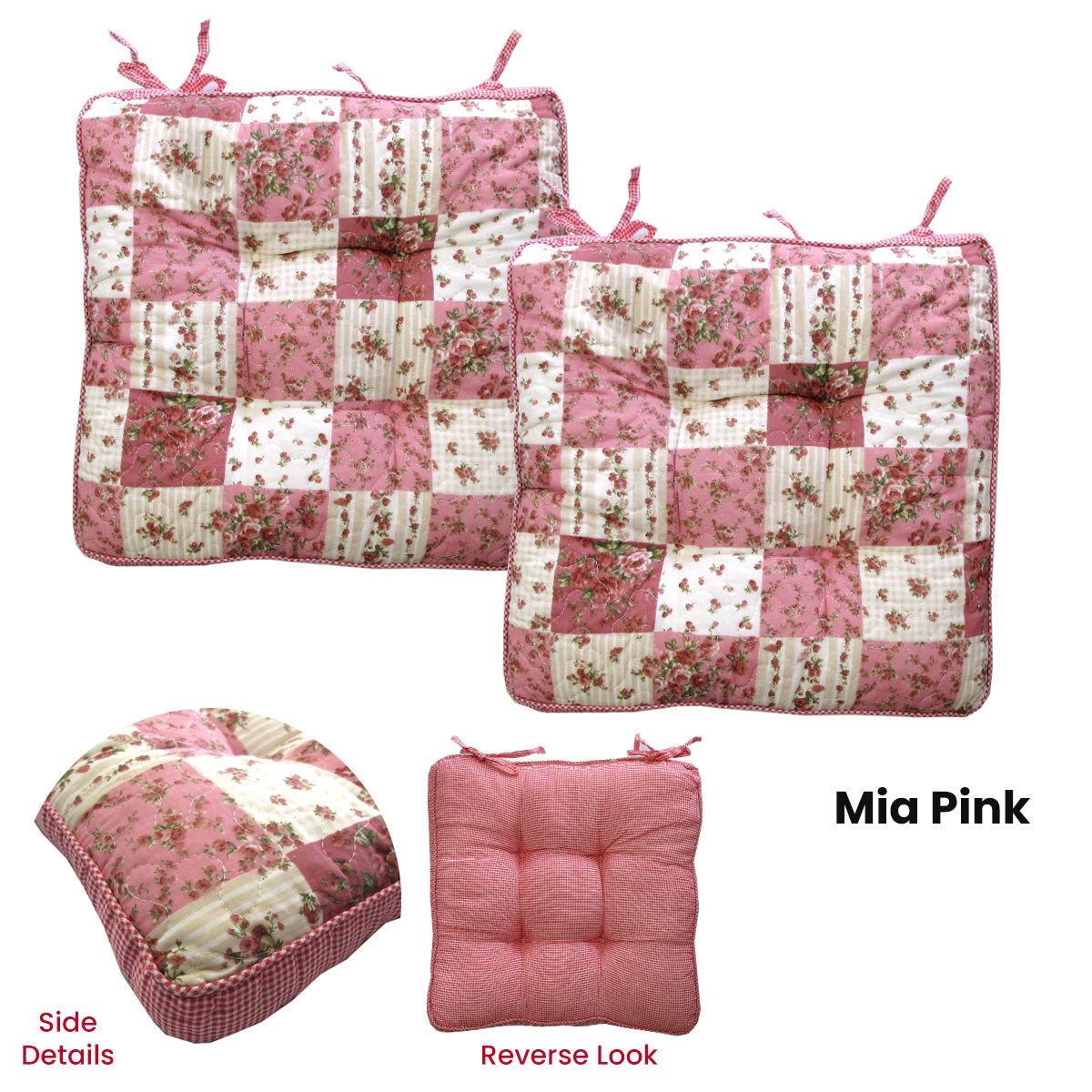 Mia Pink Floral Cotton Chair Pads - Set of 2 40x40 cm