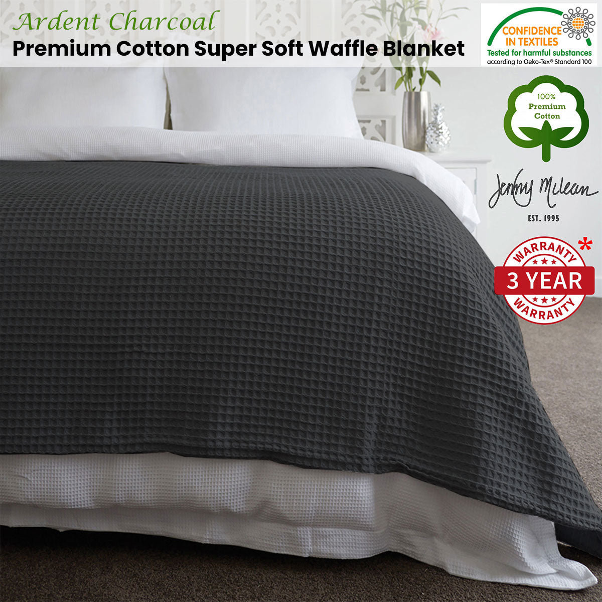 Jenny Mclean Ardent Luxurious Cotton Waffle Blanket in Charcoal for Queen Size